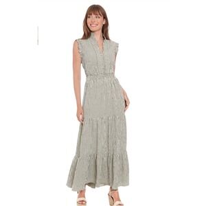 London Times Womens Sage Green Cream Striped Maxi Dress Cottage Boho Preppy 12